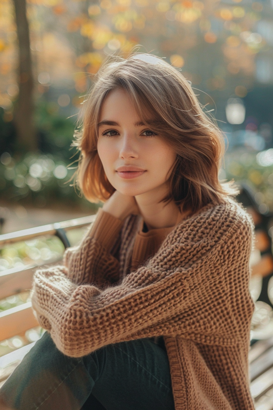 26 years old woman with a Textured Lob, make a photosession in a park.