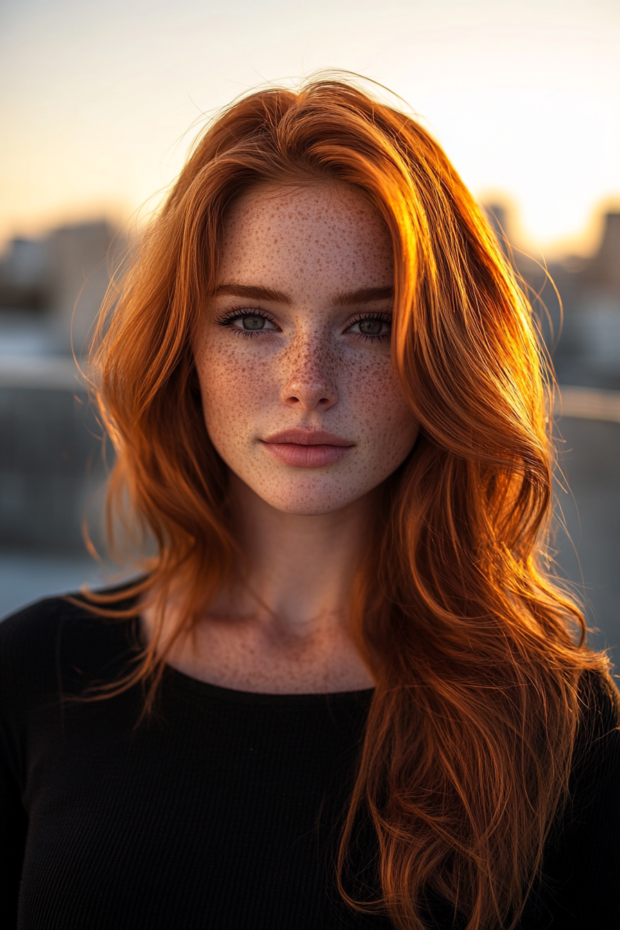 29 years old woman with a Loose Waves, make a photosession in a roof.