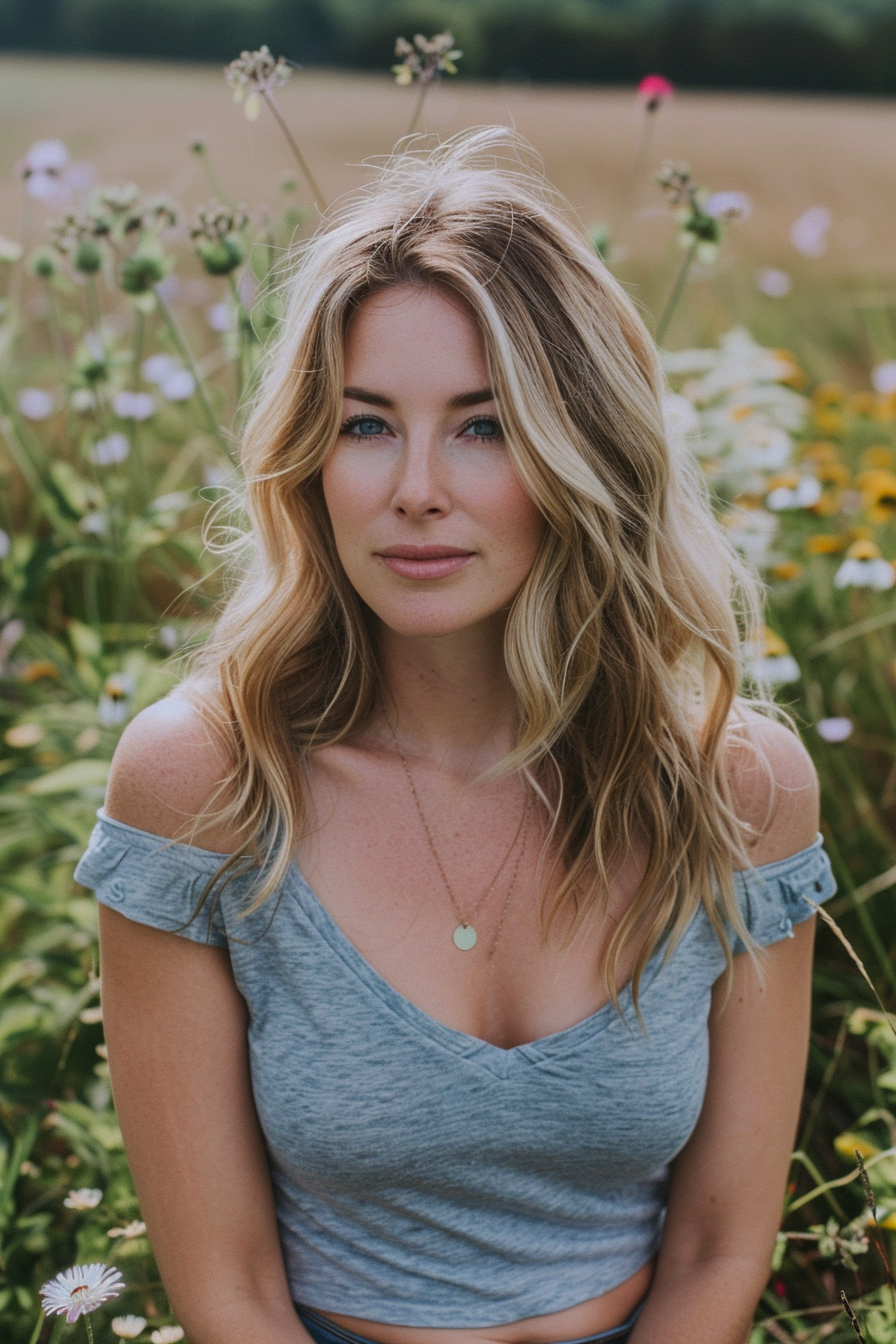 40 years old woman with a Beach Waves, make a photosession in a field with lots of flowers.