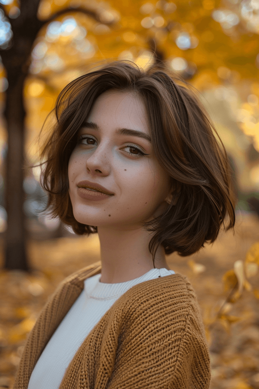 35years old woman with a Face-Framing Lobhe, make a photosession in a park.