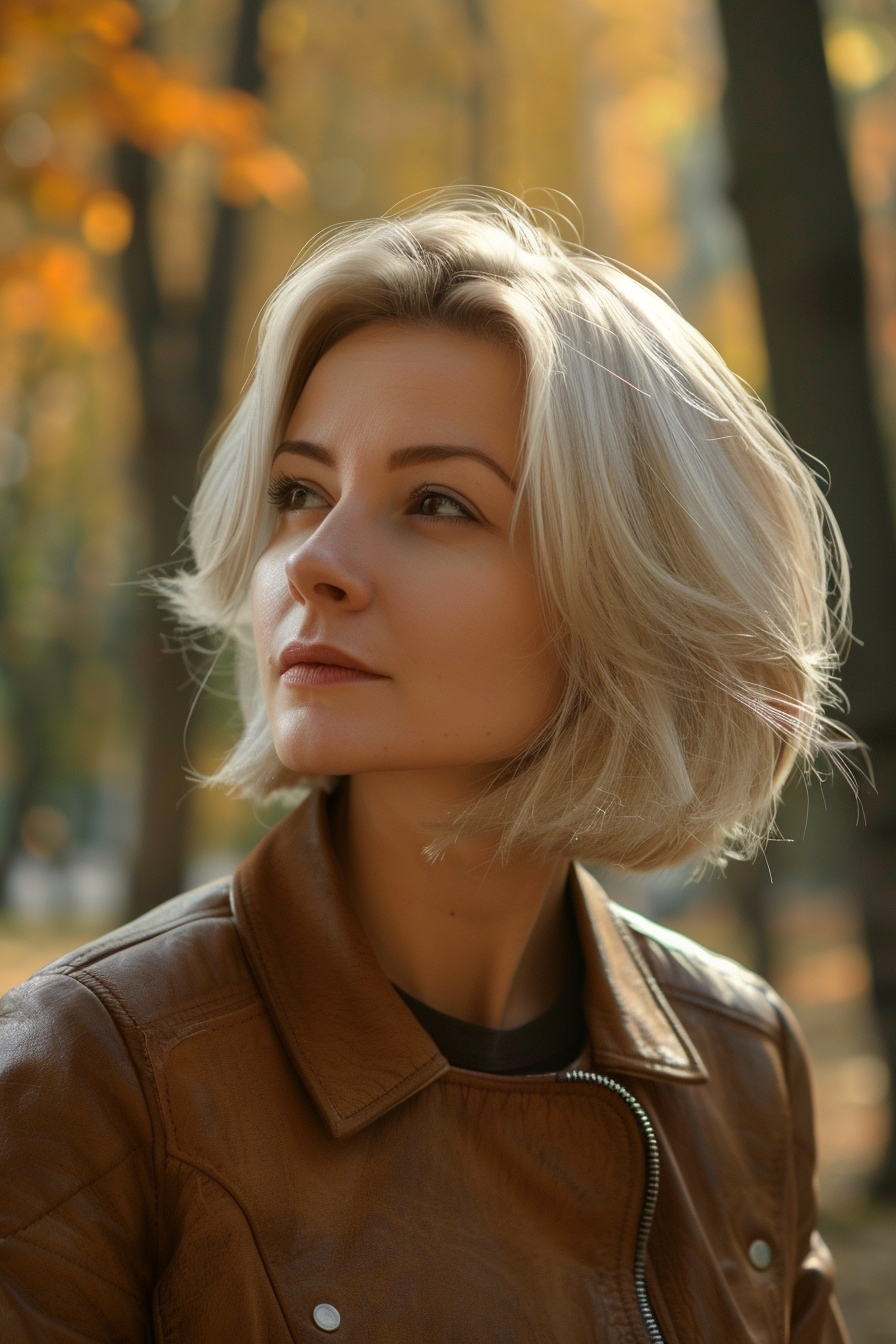 33 years old woman with a Bold Modern Bob, make a photosession in a fall park.