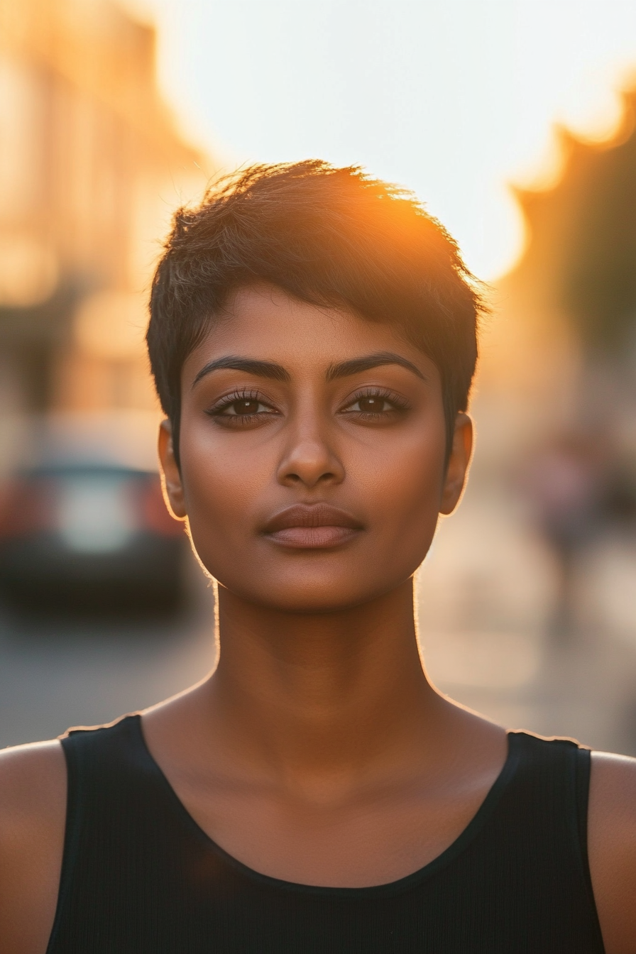 32 years old black woman with a Textured Crop, make a photosession in a street.