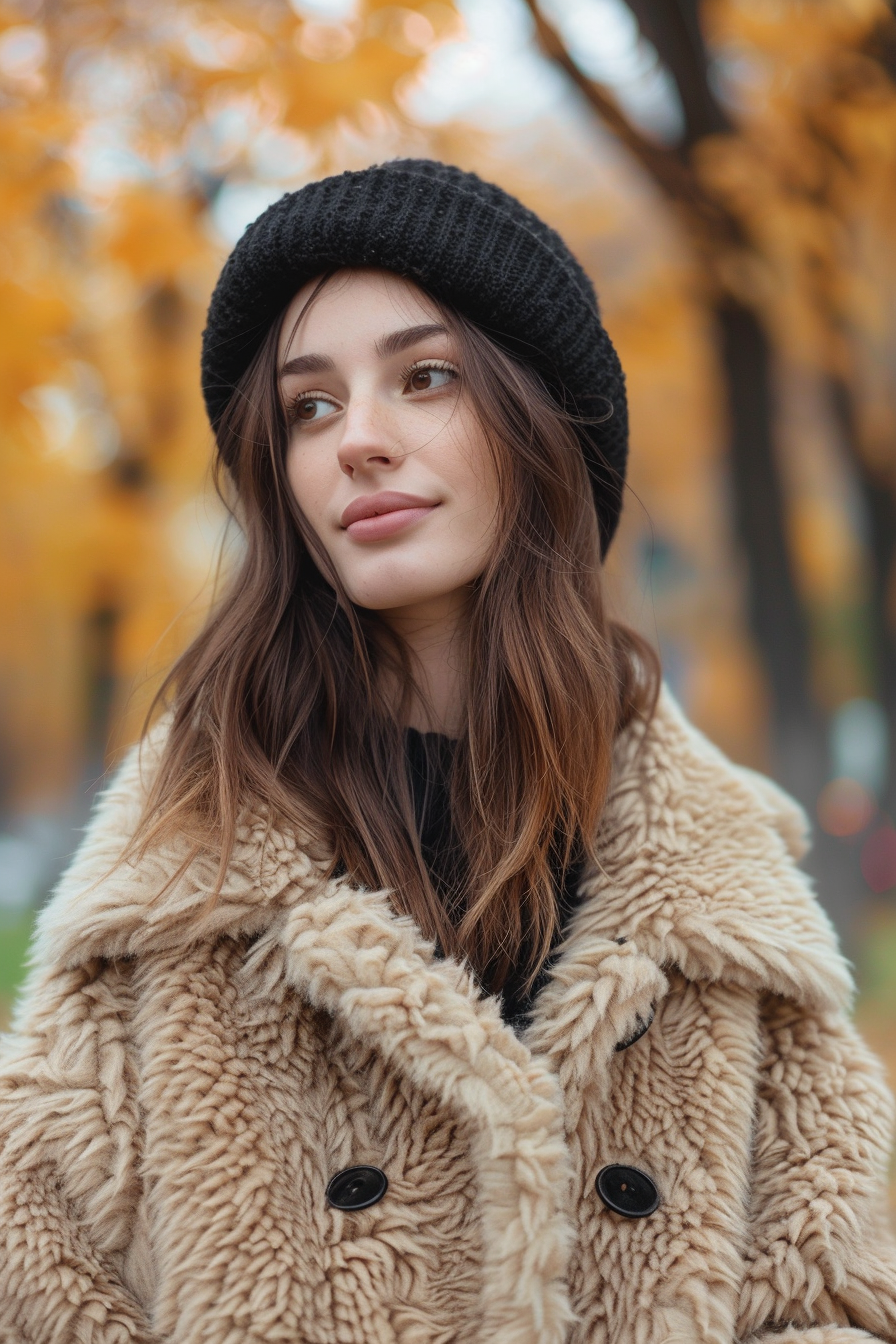 35years old woman with a Textured Layers, make a photosession in a park.