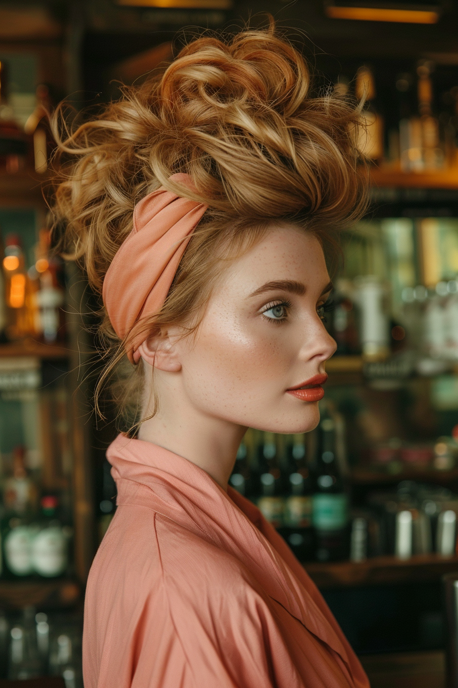 27 years old woman with a Blonde Curly Updo with Headband, make a photosession in a bar.