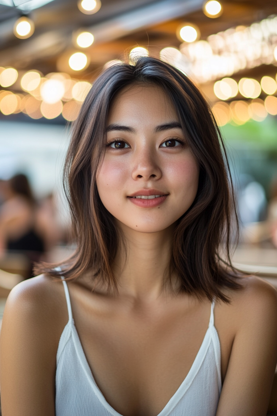 27 years old woman with a Playful Bob and Swooping Sway, make a photosession at a lively outdoor café with string lights and cheerful patrons.