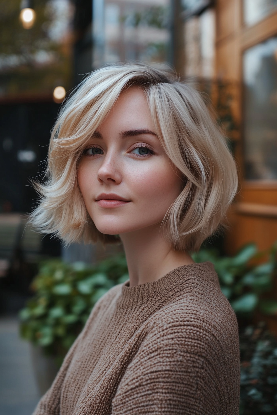 26 years old woman with Choppy Layers, make a photosession in a green-cafe.