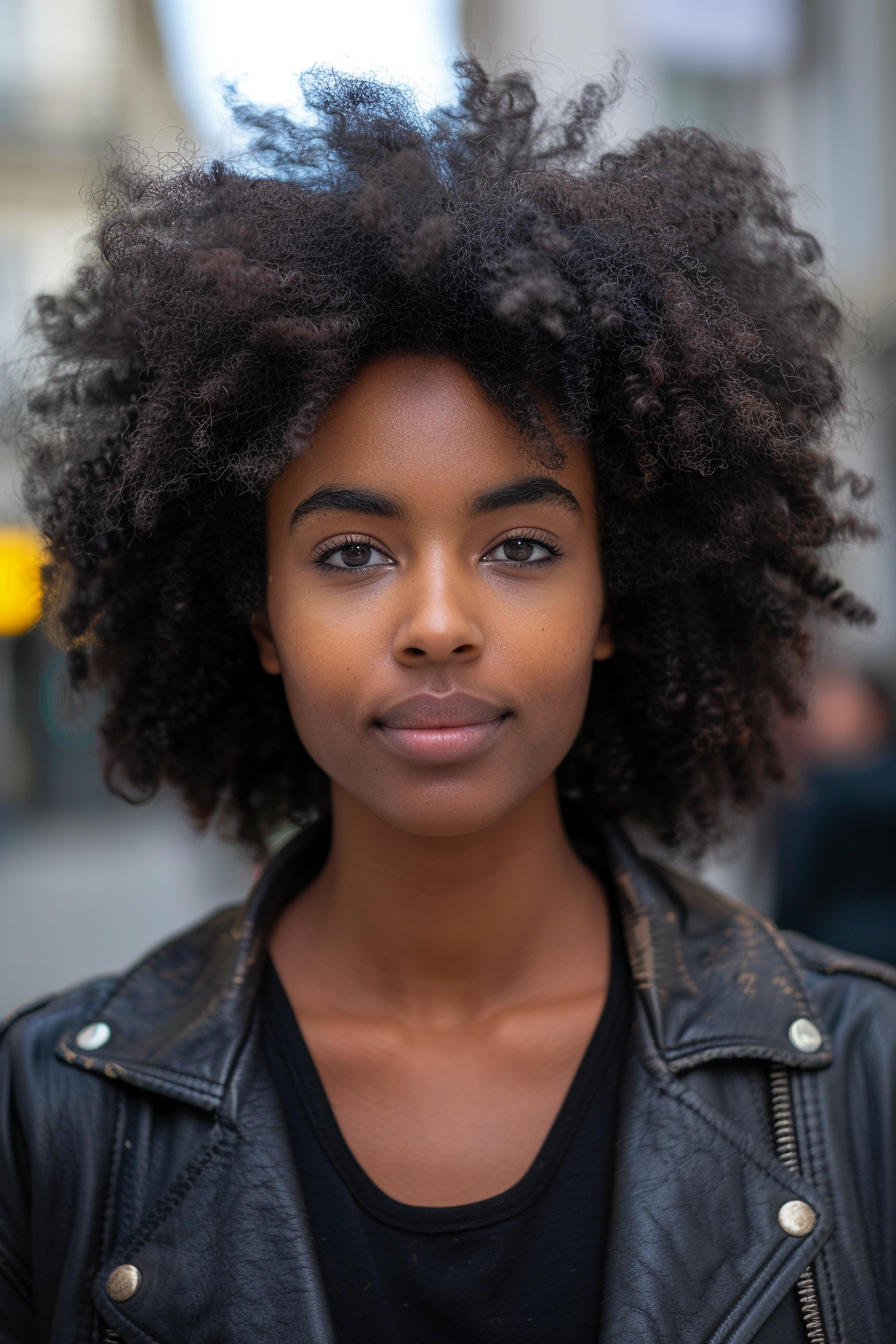 35 years old black woman, with Mini Afro, make a photosession in a street.