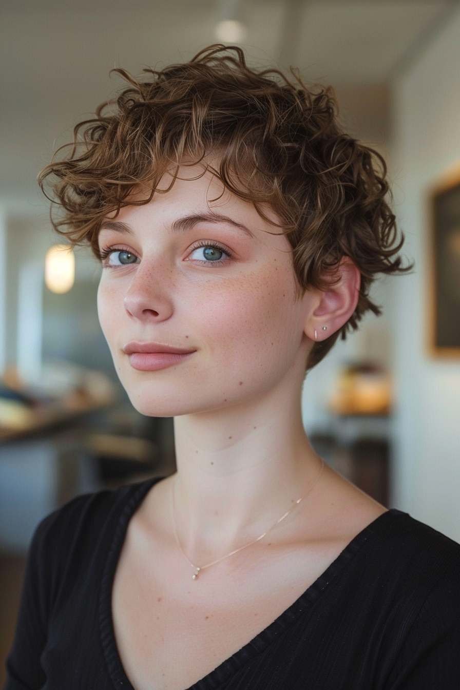 27 years old woman with a Voluminous Natural Pixie Cut, make a  photosession in a studio.