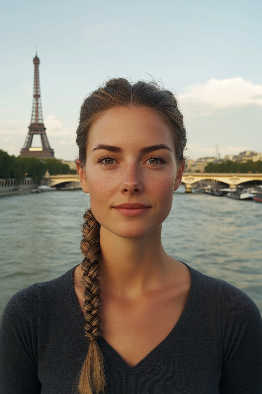 35 years old woman with a French Braid, make a photosession near the river in paris.