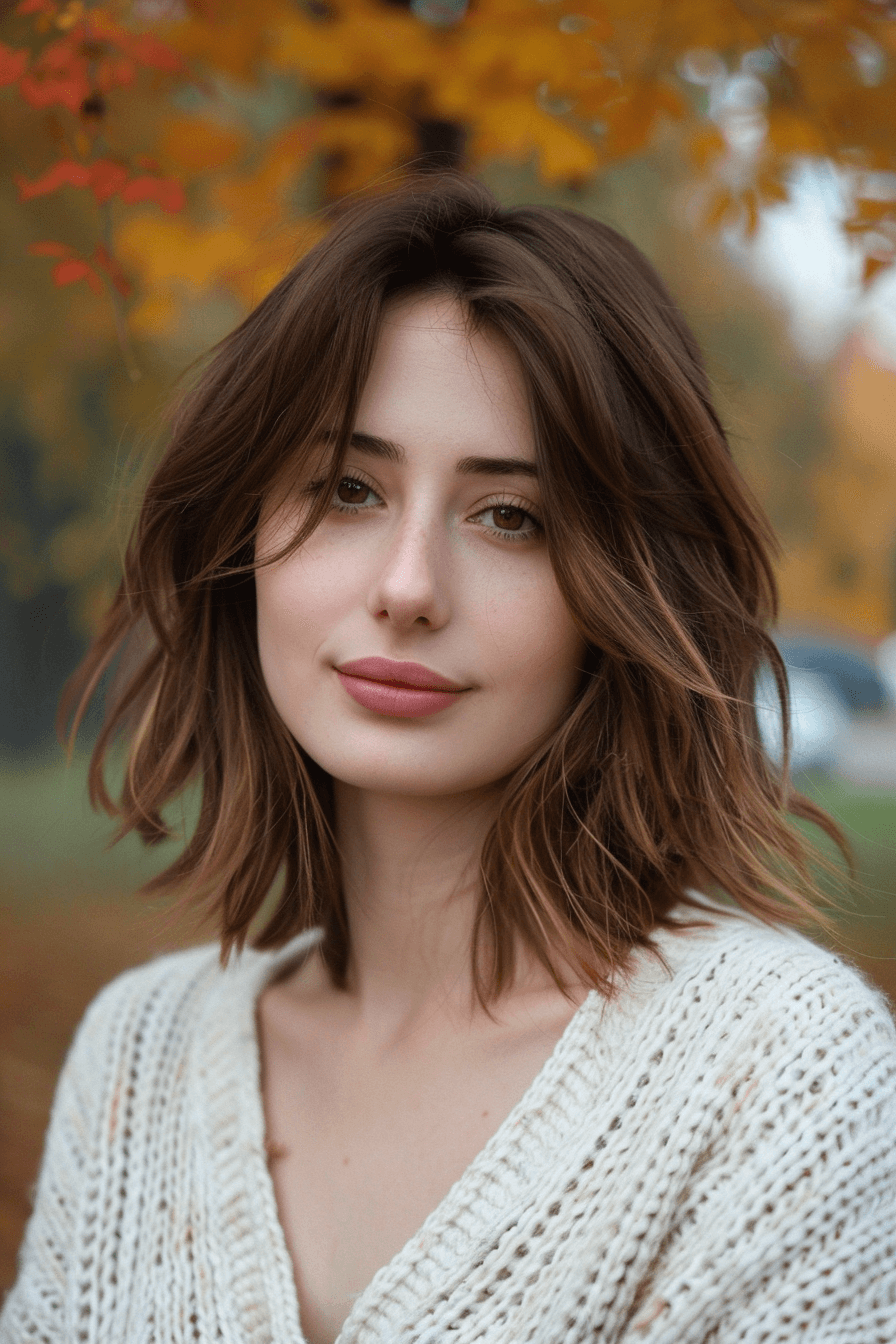 35years old woman with a Choppy Lob, make a photosession in a park.