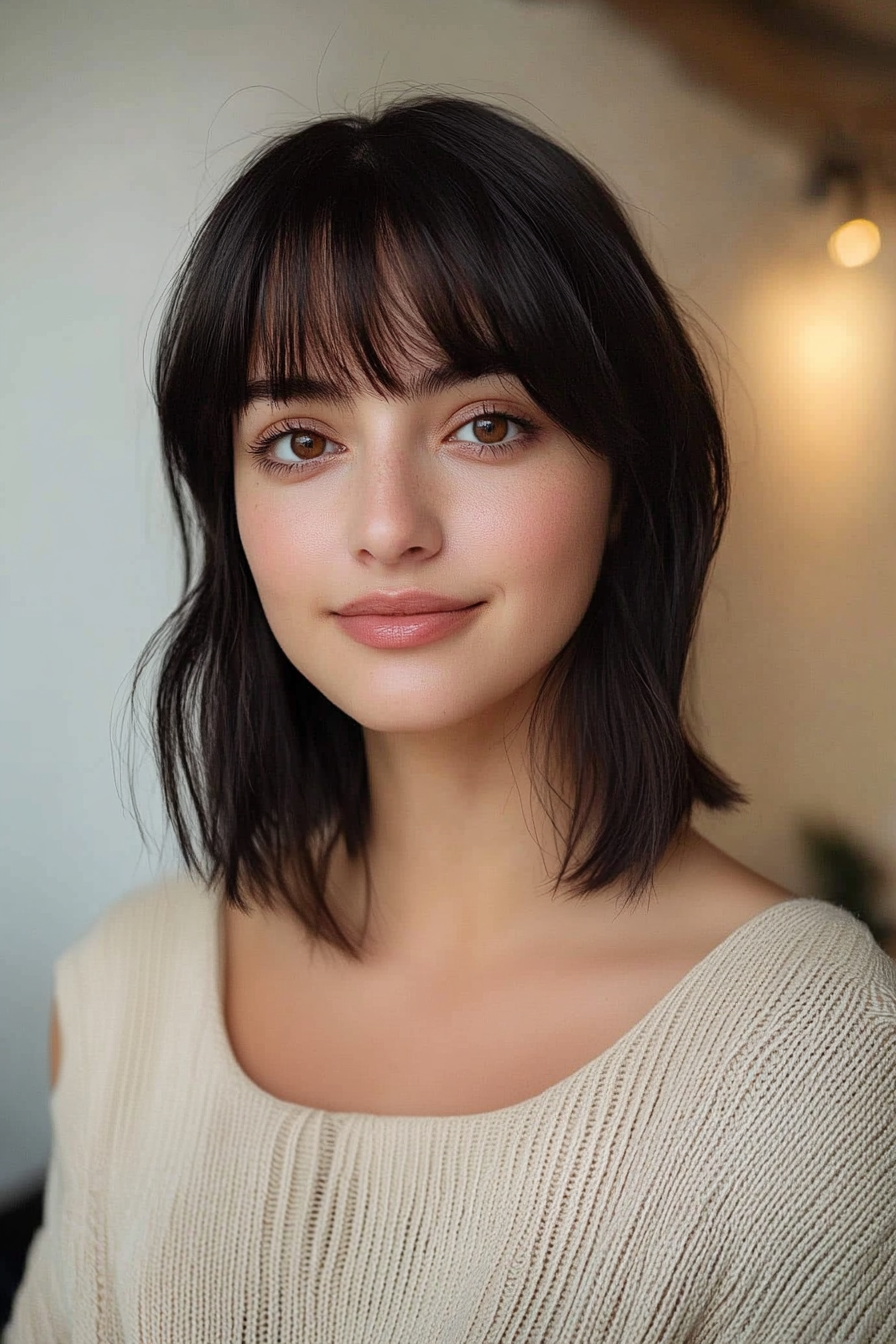 33 years old woman with a Sophisticated Simplicity haircut, make a photosession in a casual room.