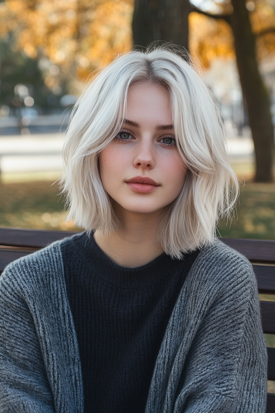 26 years old woman with a Layered Bob with Platinum Highlights, make a photosession in a park.