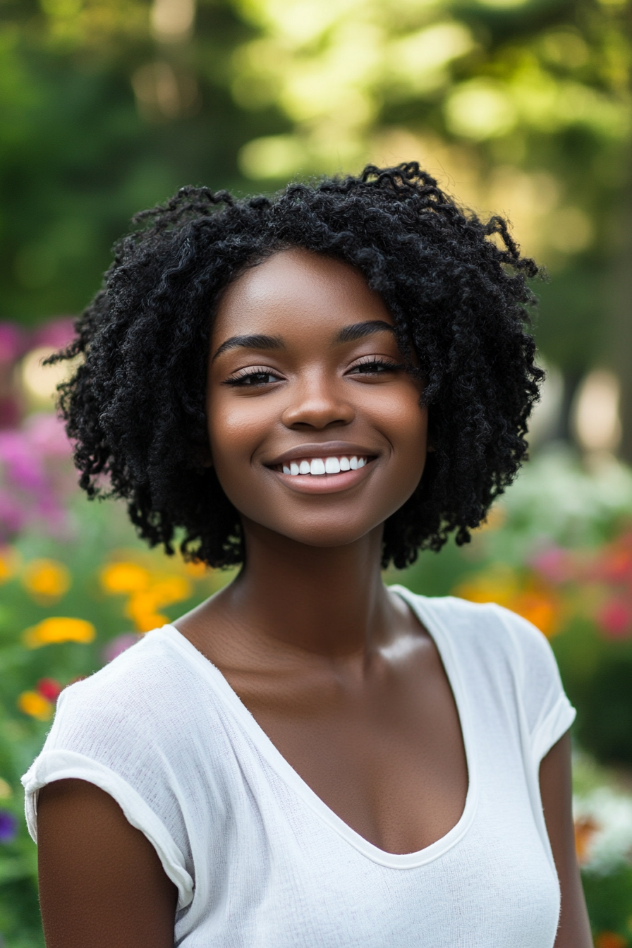 33 years old black woman with a Short Twist Out, make a photosession in a park.