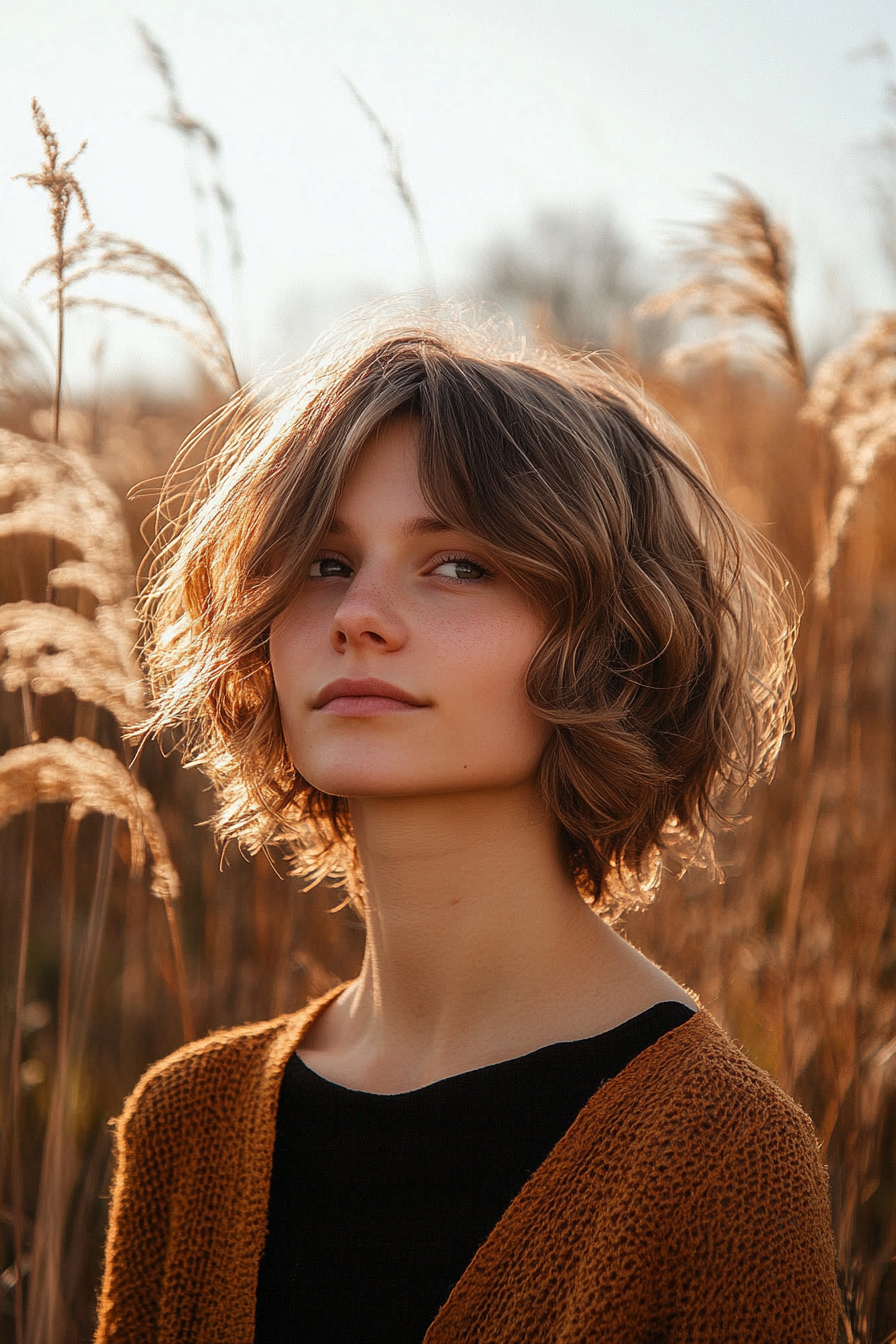 24 years old woman with a Chin Length Wavy Haircut, make a photosession on the field.