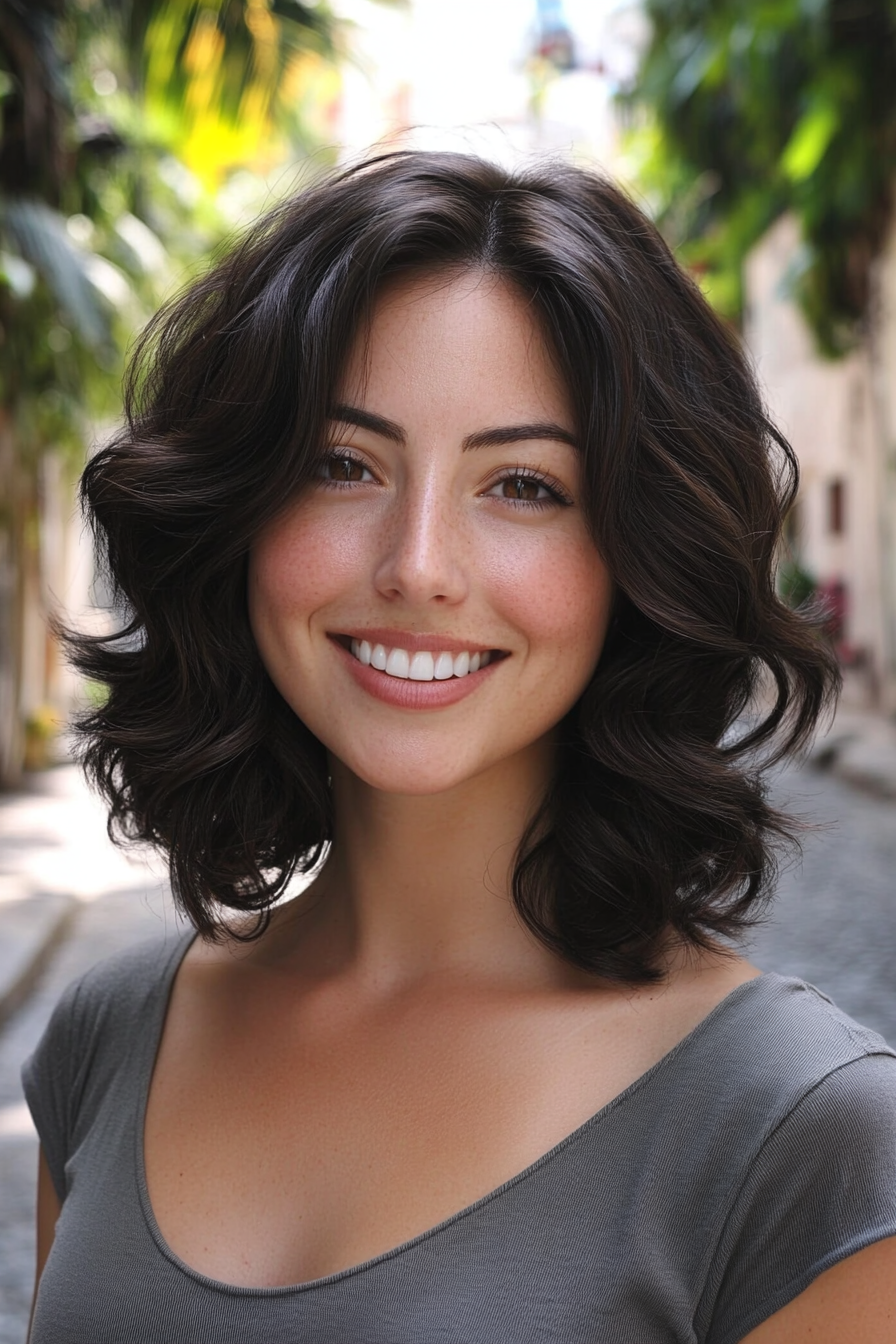 29 years old woman with a Soft Curls with Face-Framing Layers, make a photosession in a street.