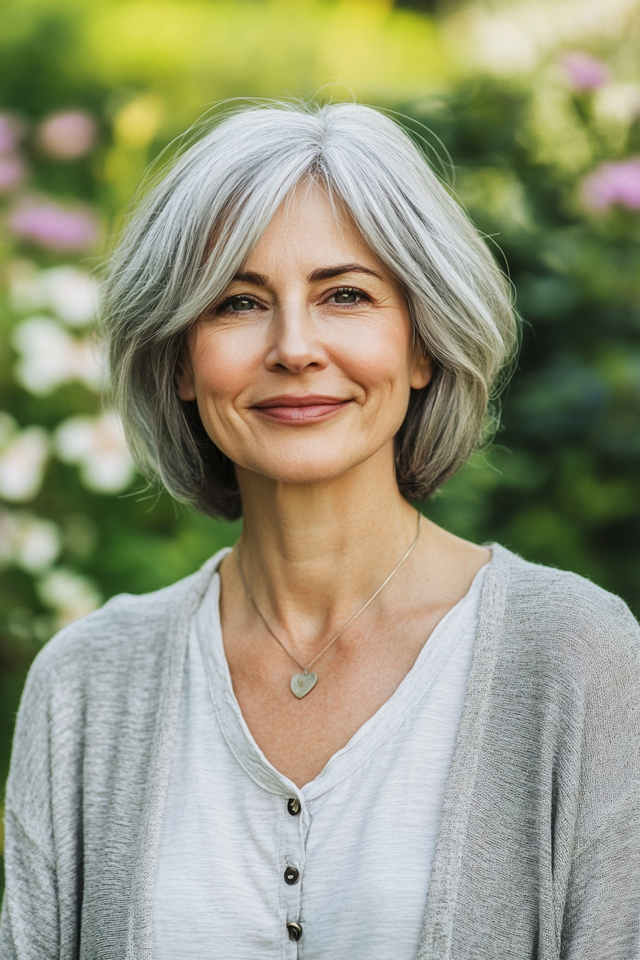 63 years old woman with a Medium Length Bob for Spring, make a photosession in a backyard.