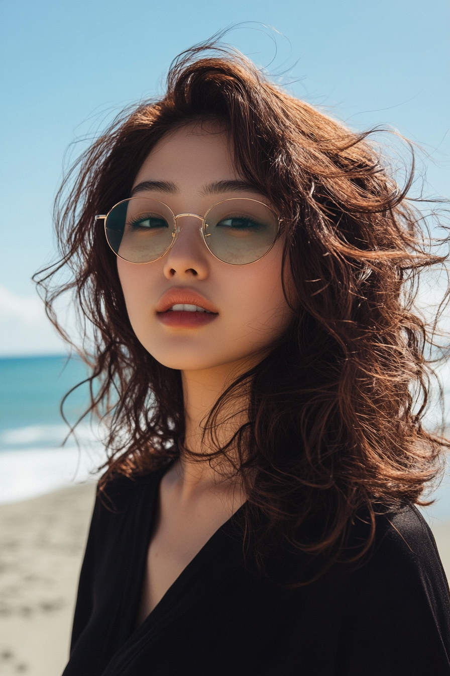 27 years old woman with Curly and Carefree hair, make a photosession on a sunny beach with soft sand and gentle waves in the background.