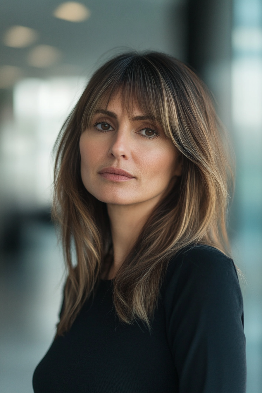 42 year old woman with a Long Bob with Side Swept Bangs, make a photosession in a office.