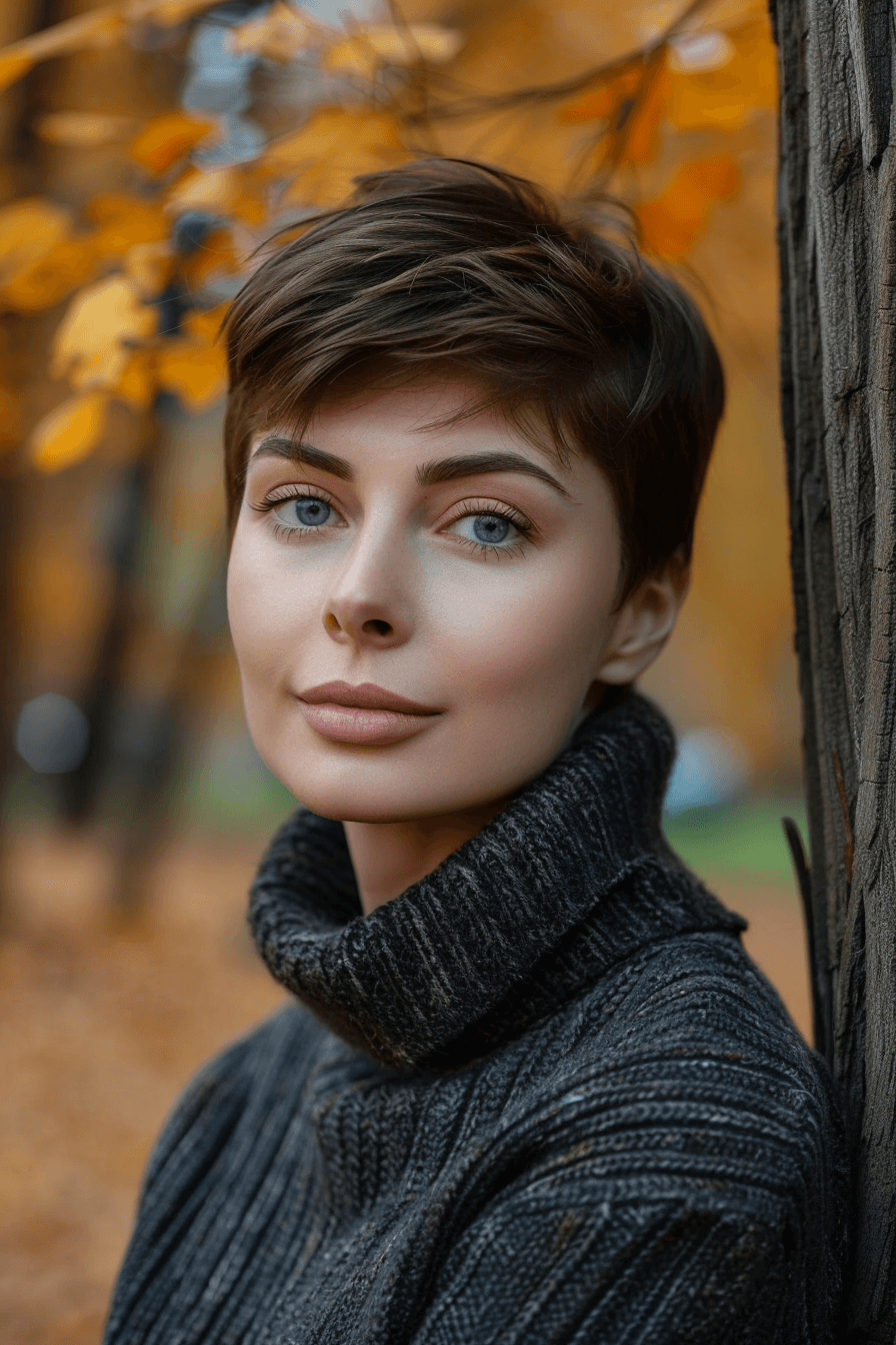 31 years old woman with a Tapered Cut, make a photosession in a fall park.