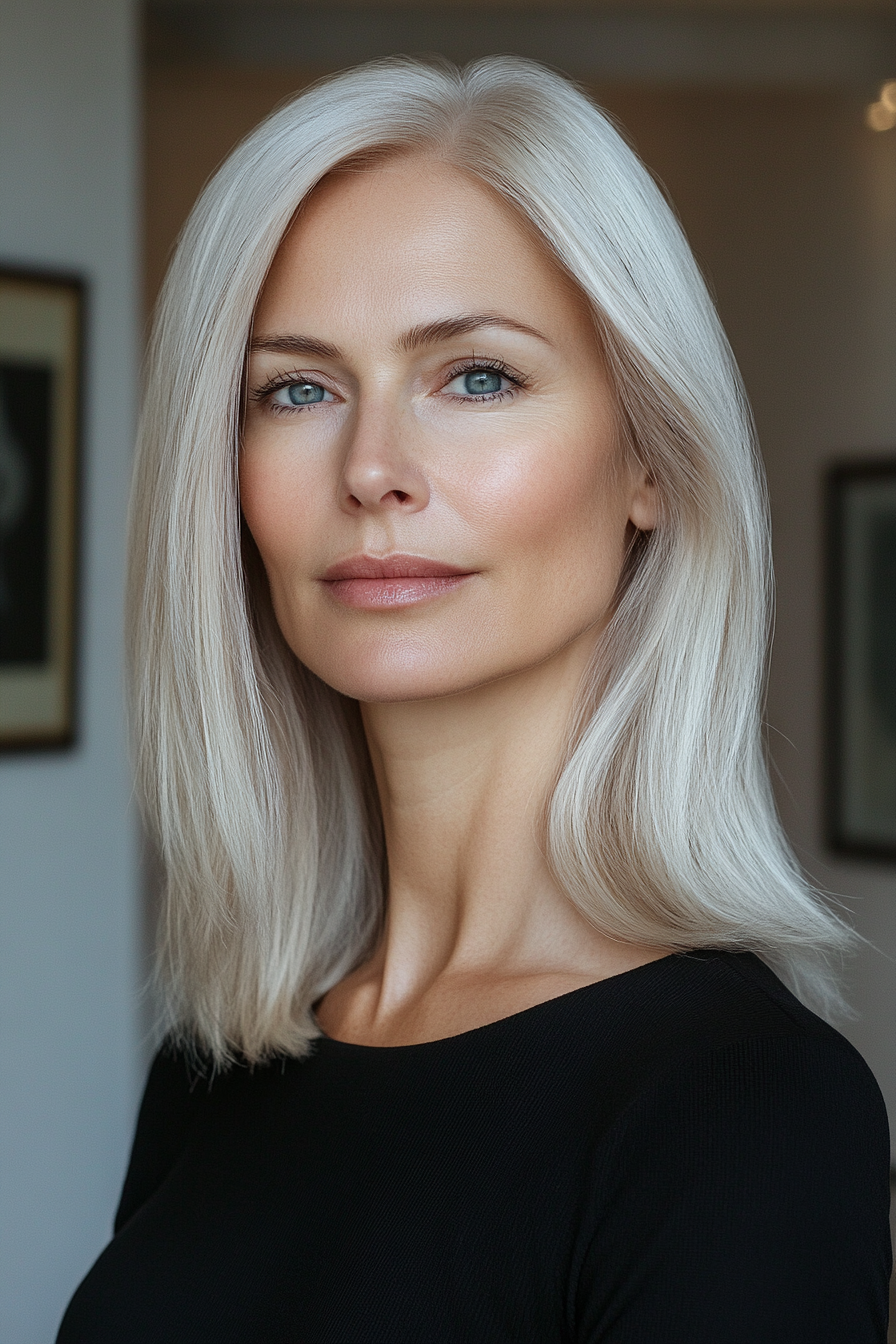 46 year old woman with Blonde Hair with a Middle Part, make a photosession in a room.