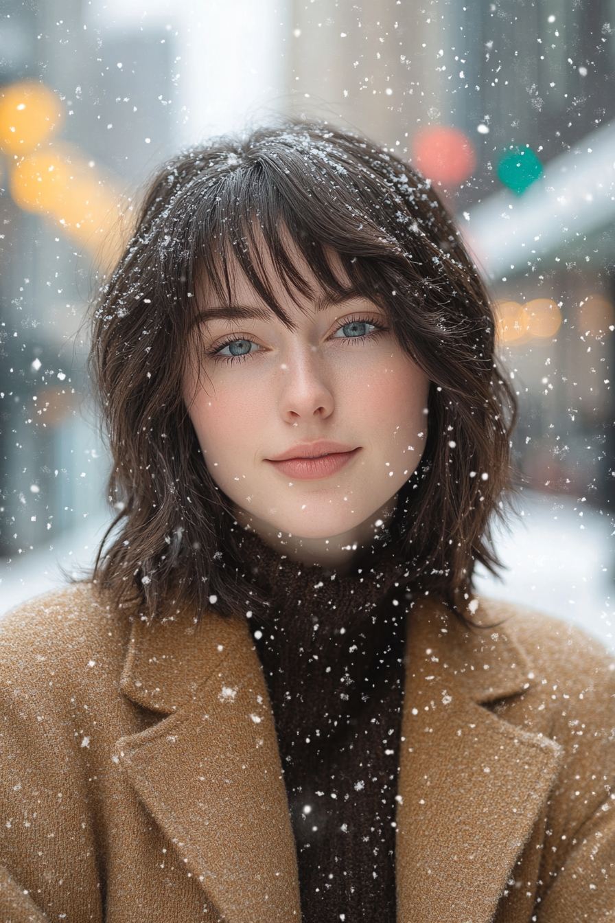 32 years old woman with a Textured Bob with Bangs, make a photosession in a street.