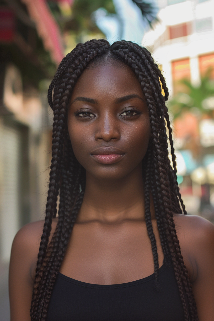 35 years old black woman, with Classic Box Braids hairstyles, make a photosession in a street.