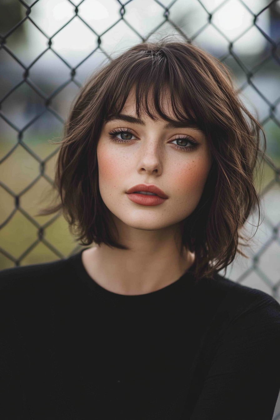 36 years old woman with a Mid-Length Layered Shag, make a photosession in a plain fence with minimal details.