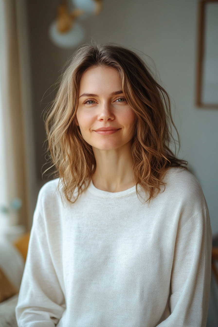 36 years old woman with a Textured Shag, make a photosession in a room.