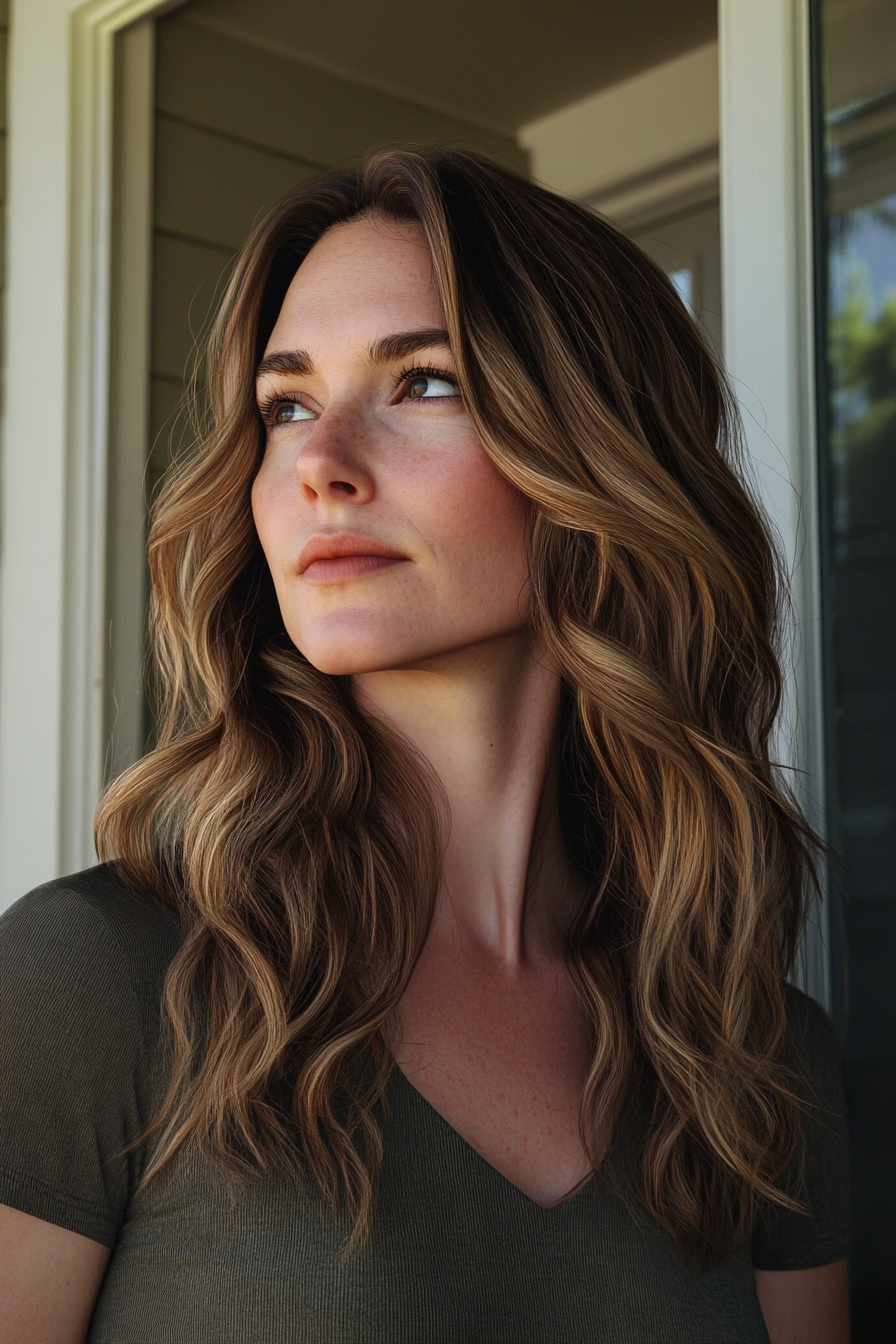 37 years old woman with a Long Wavy Haircut, make a photosession in a casual house.