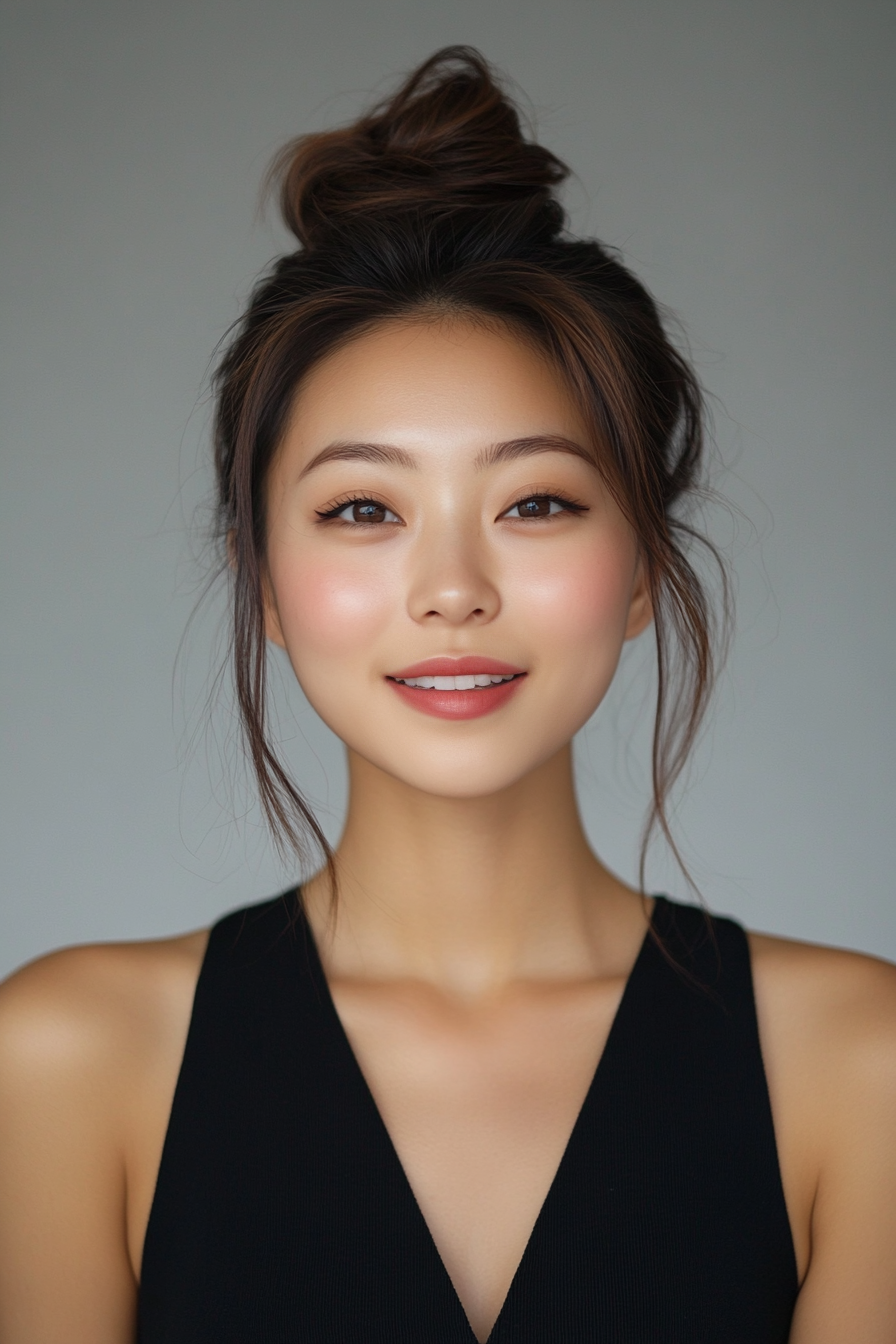 28 years old woman with a Messy Small Bun, make a photosession in a studio.