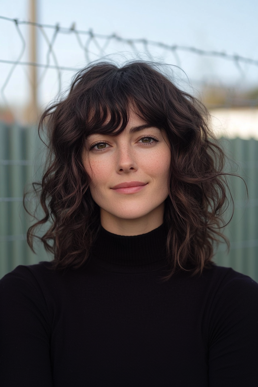 36 years old woman with a Thick Brunette Curly Bob with Bangs, make a photosession in a basic fence.