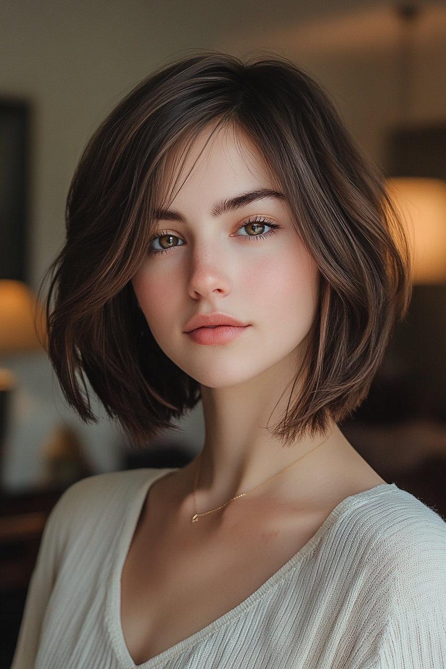 31 years old woman with an Asymmetrical Bob, make a photosession casual room.