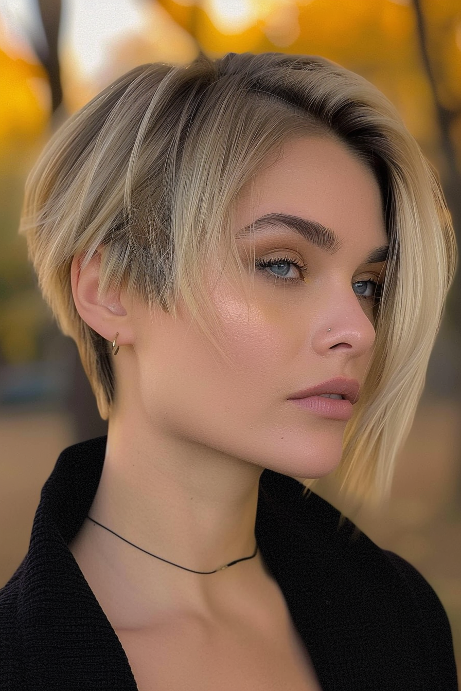 26 years old woman with a Edgy Undercut Bob, make a photosession in a fall park.