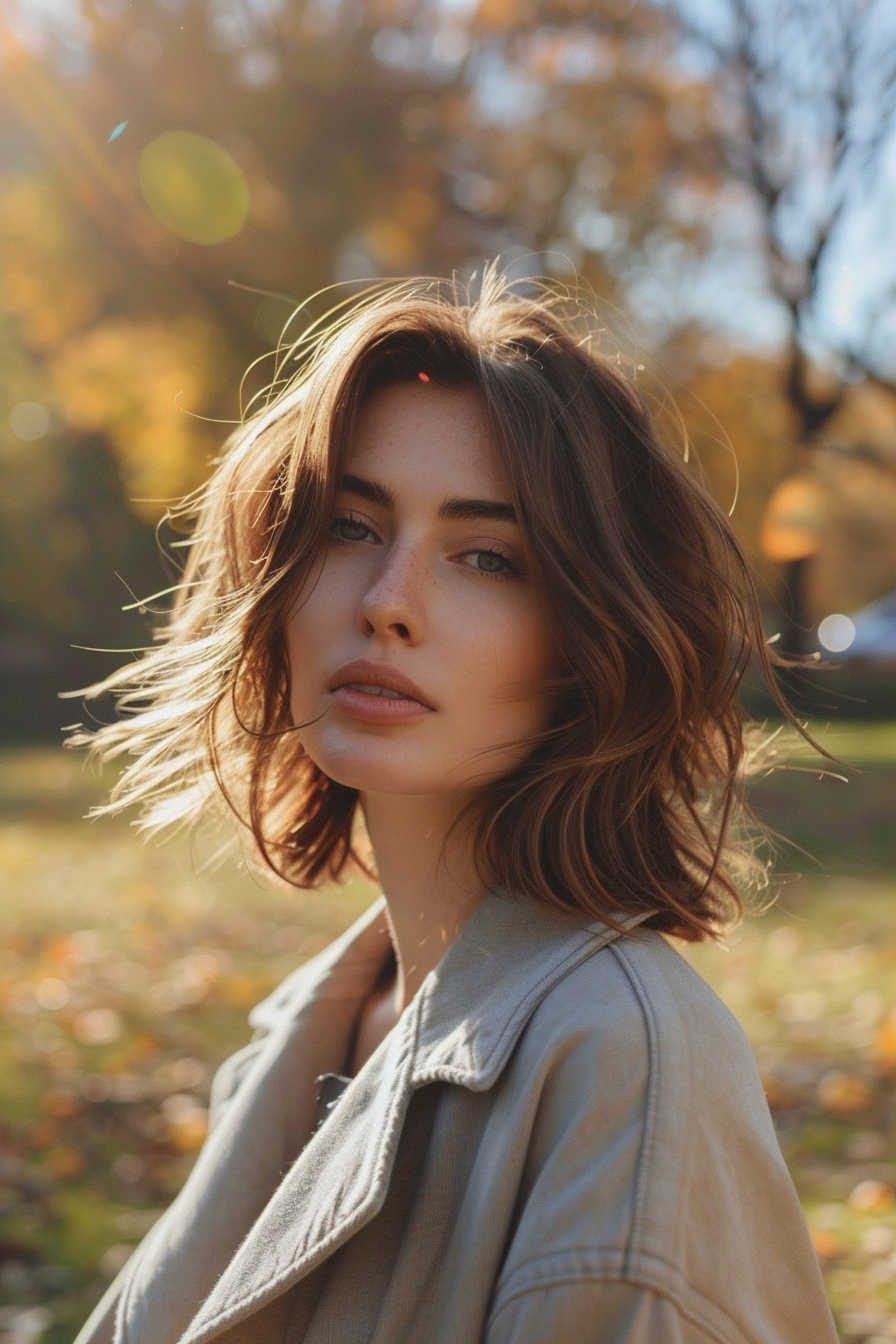 28 years old woman with a Shoulder Length With Texture , make a photosession in a park