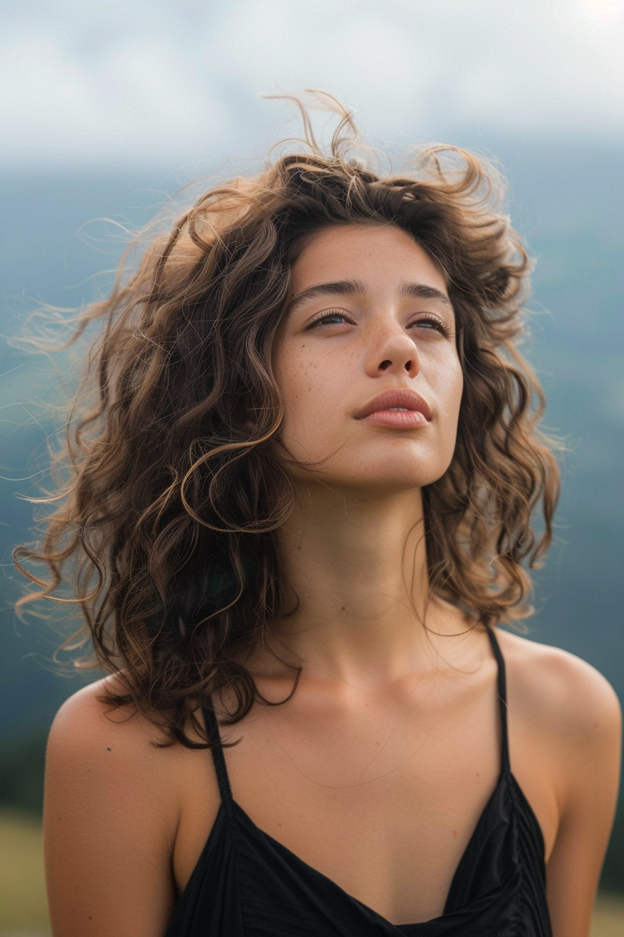 30 years old woman with a Bold Butterfly Cut, make a photosession in a mountains.