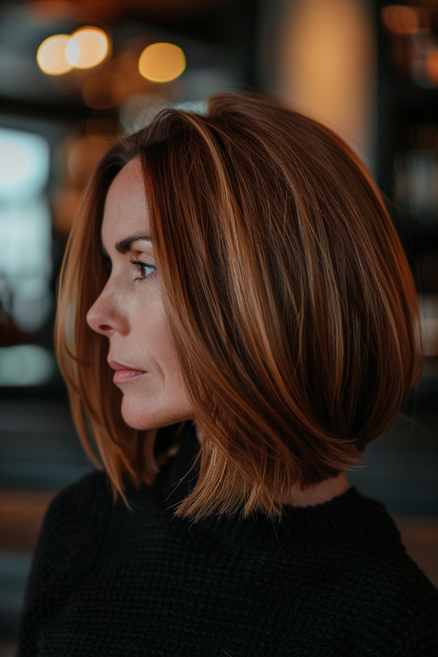 40 years old woman with a Straight Lob Chic, make a photosession in a cafe.