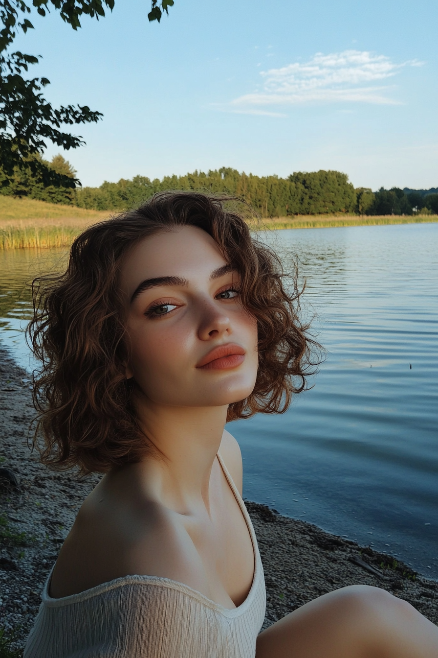 34 years old woman with a Curly Bob, make a photosession at a peaceful lakeside with calm water and a few scattered trees.