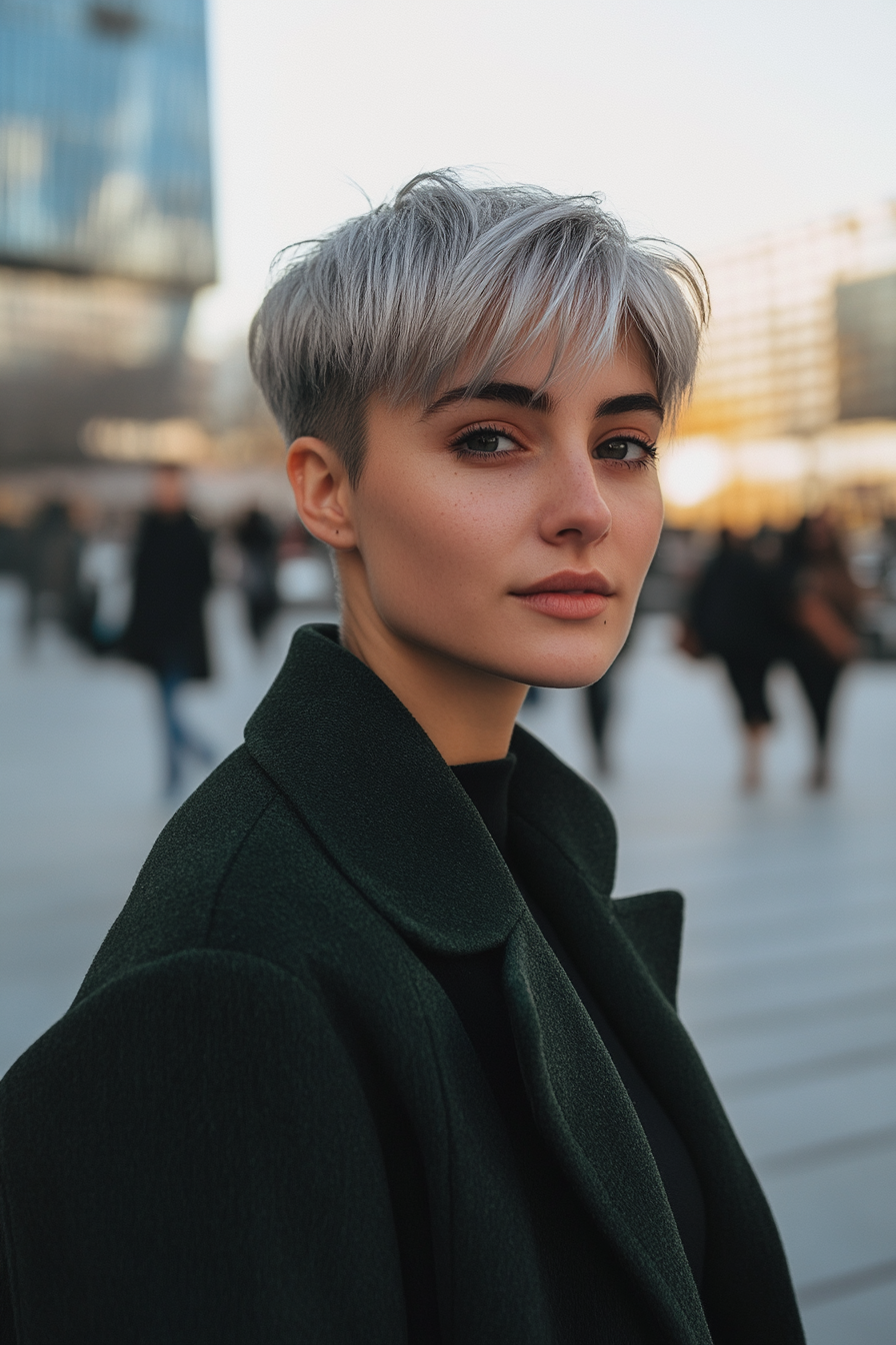 27 years old woman with a Choppy Pixie and Silver Highlights, make a photosession in a modern city square with minimalist architecture and people walking by.