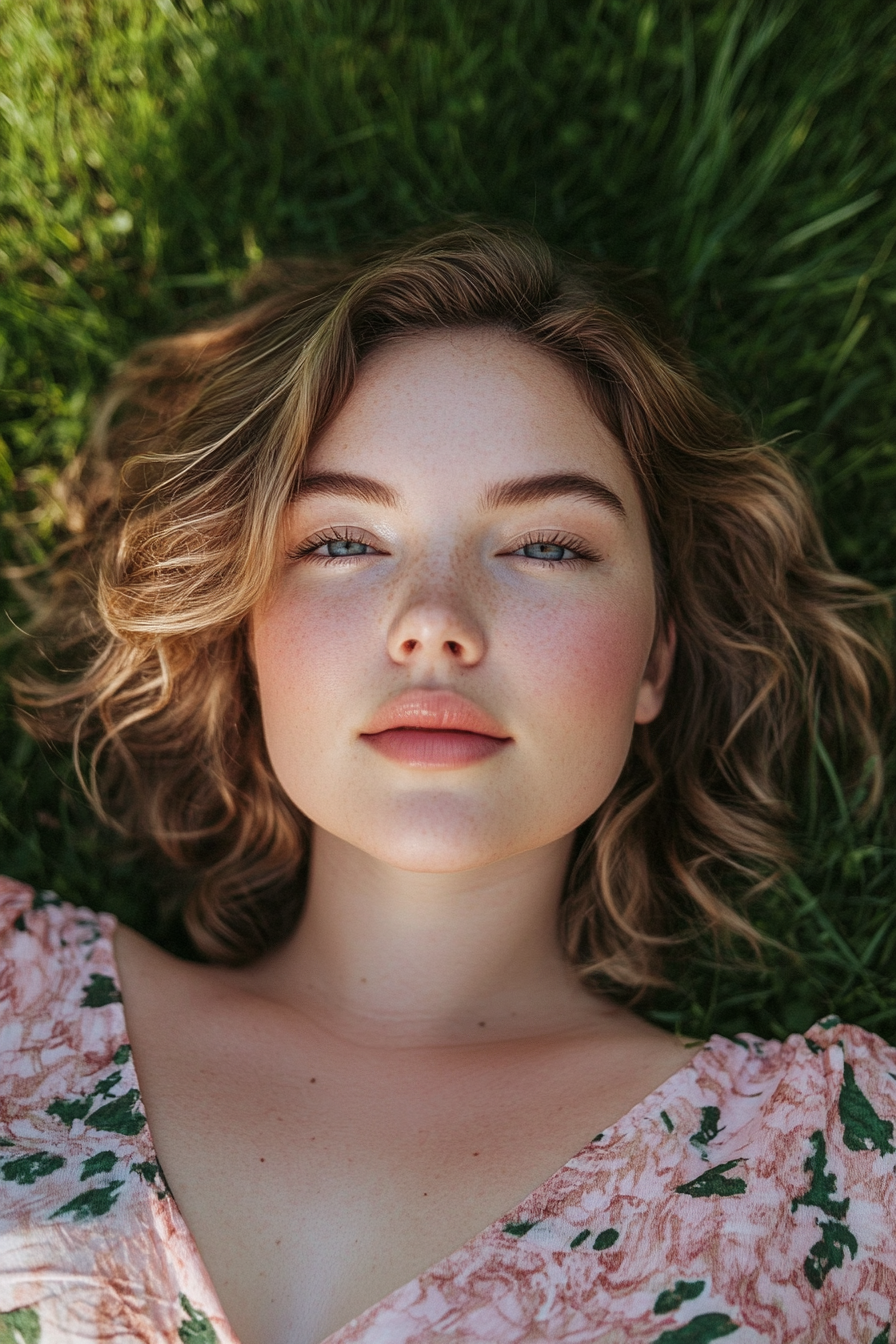 30 years old woman with a Layered Bob, make a photosession in a park.