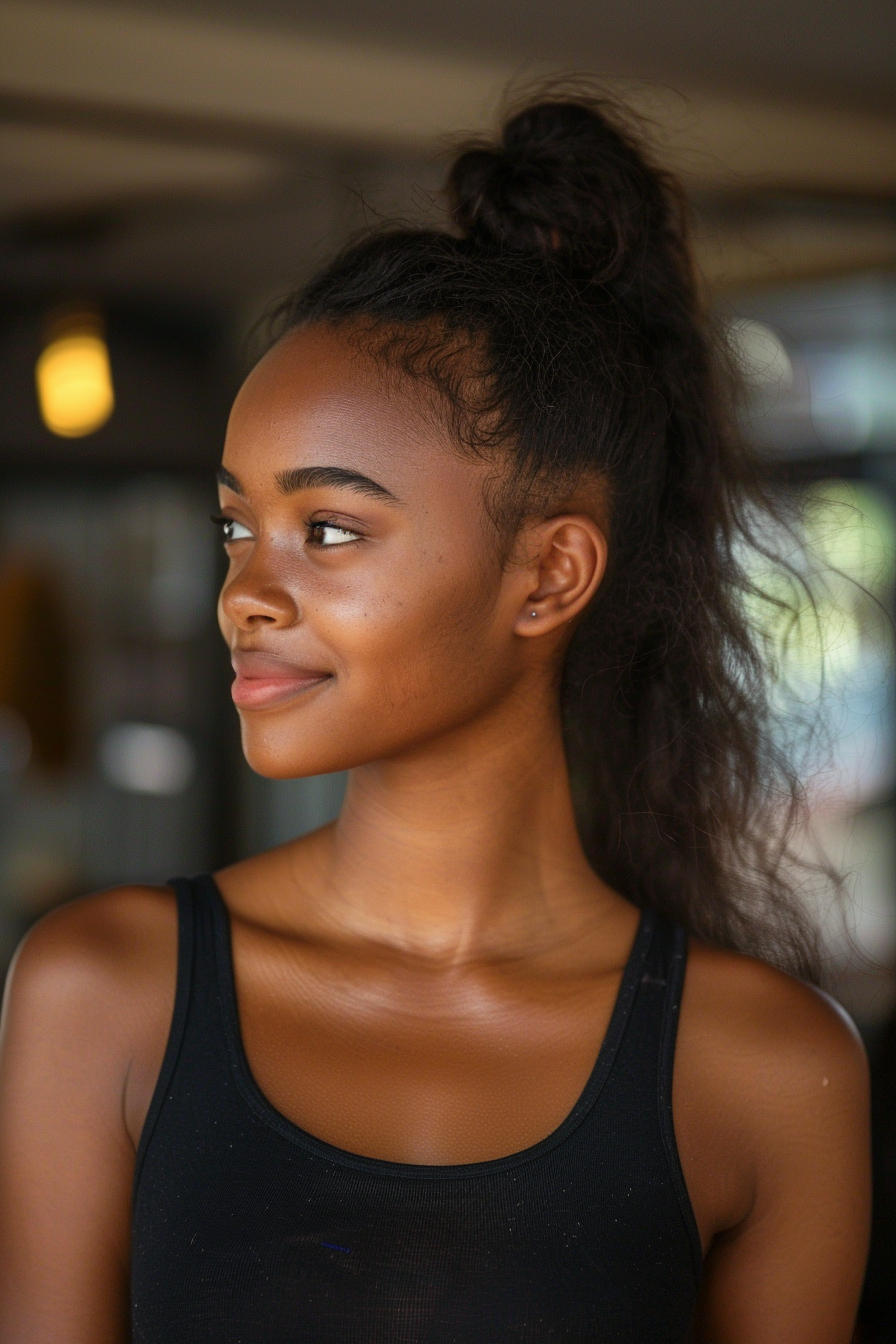 35 years old black woman, with Ponytail hairstyles, make a photosession in a cafe. 