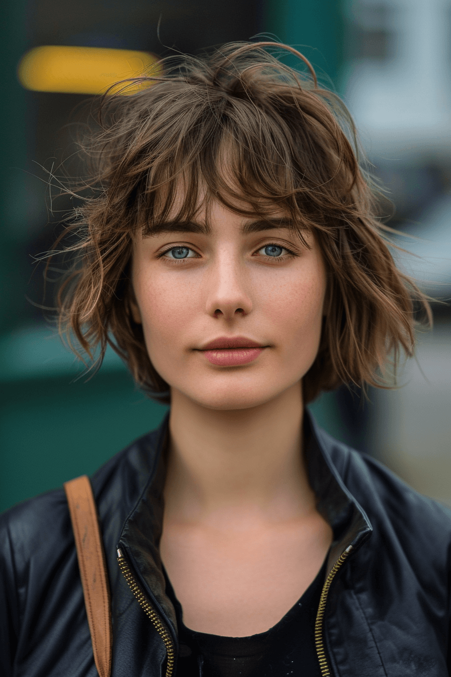 28 years old woman with a Textured Shag, make a photosession in a street.