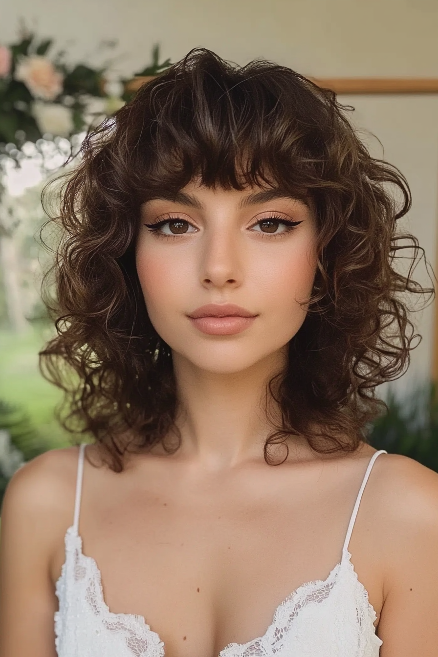 29 years old woman with a Romantic Curly Bob with Blunt Bangs for Weddings, make a photosession in a beautiful outdoor wedding setting with an elegant arch and flower petals on the ground.