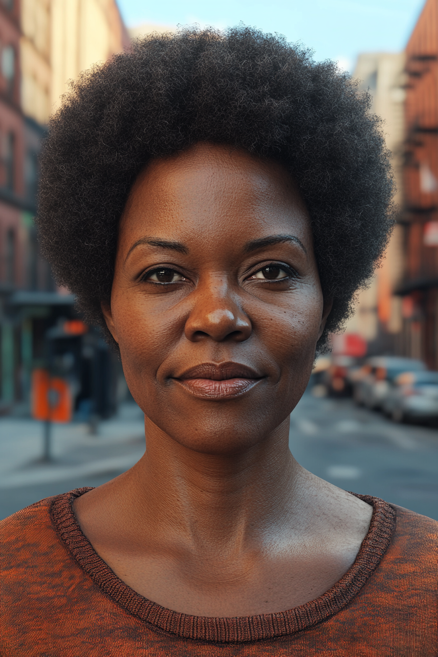 46 years old woman with a TWA (Teeny Weeny Afro), make a photosession in a street.