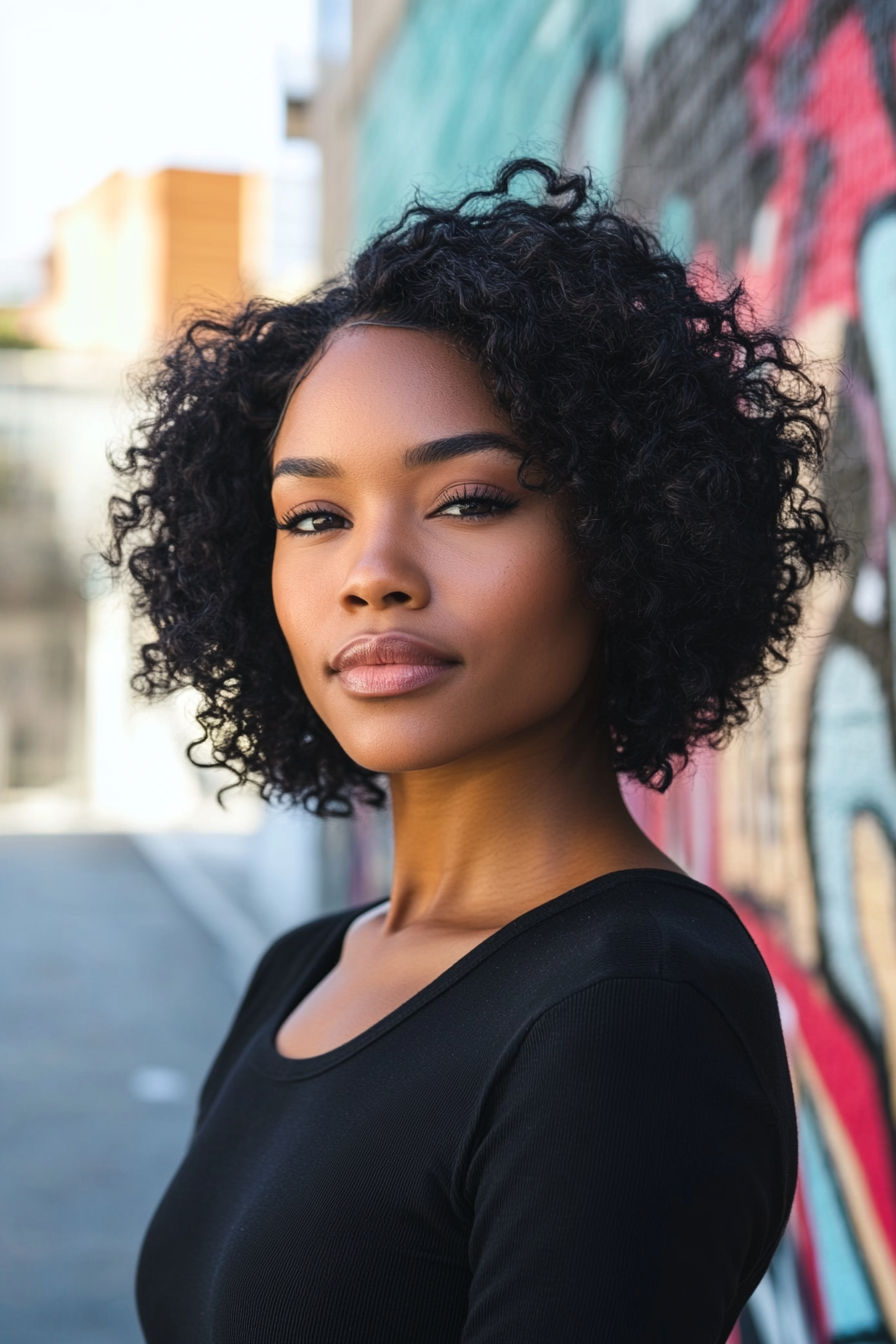 32 years old black woman with a Short Curly Shag, make a photosession in a street.