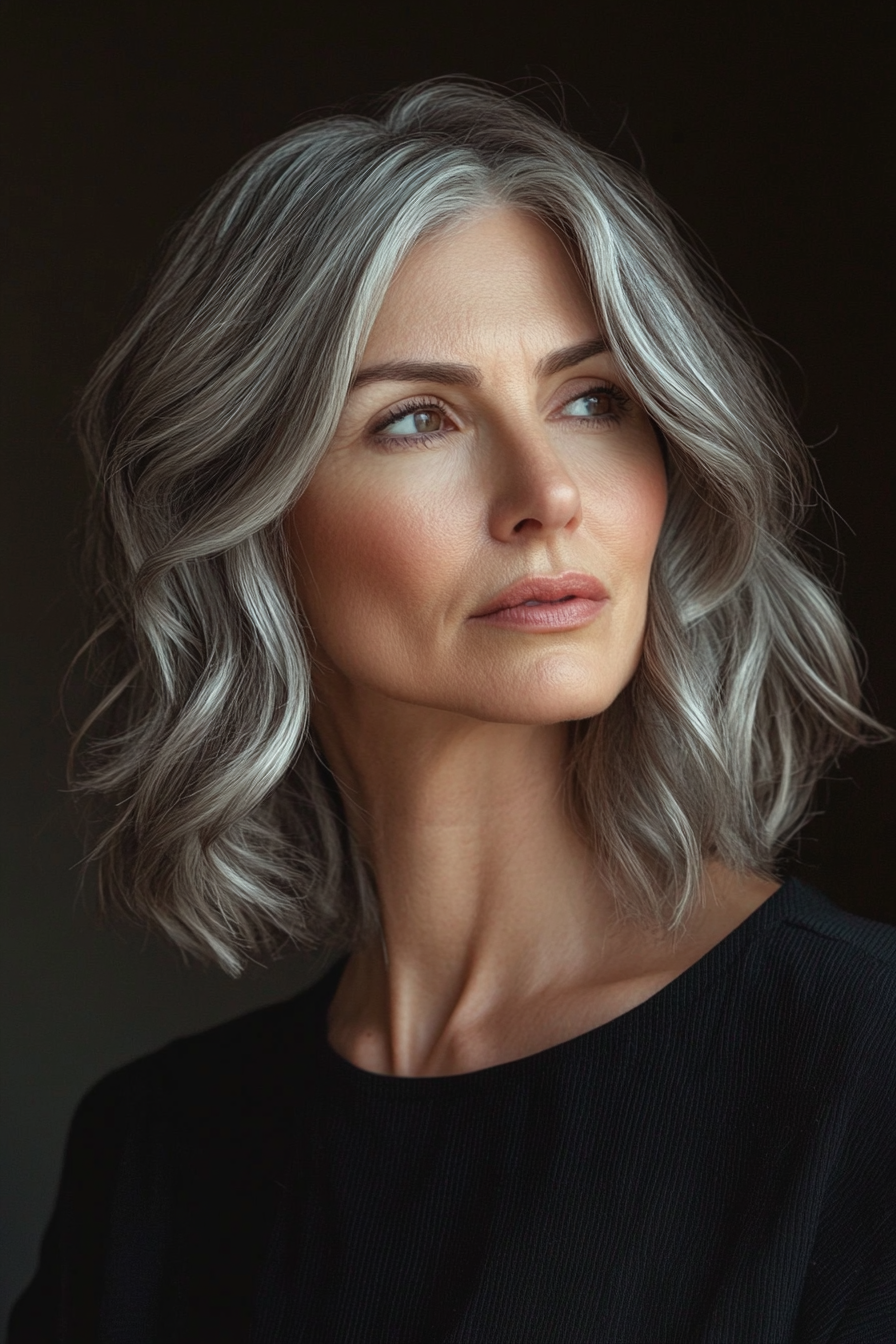 48 year old woman with Textured Waves, make a photosession in a studio.