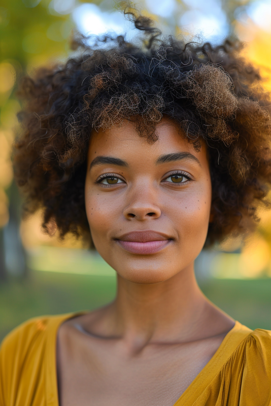 35 years old black woman, with Subltle Short Tapered Cut Curly Bob, make a photosession in a
park.