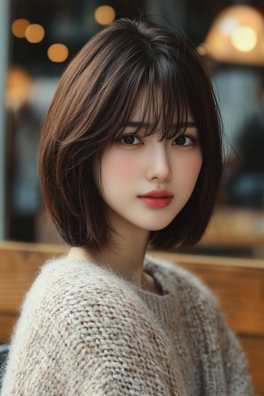 26 years old woman with a Fringe Bob, make a photosession in a cafe.