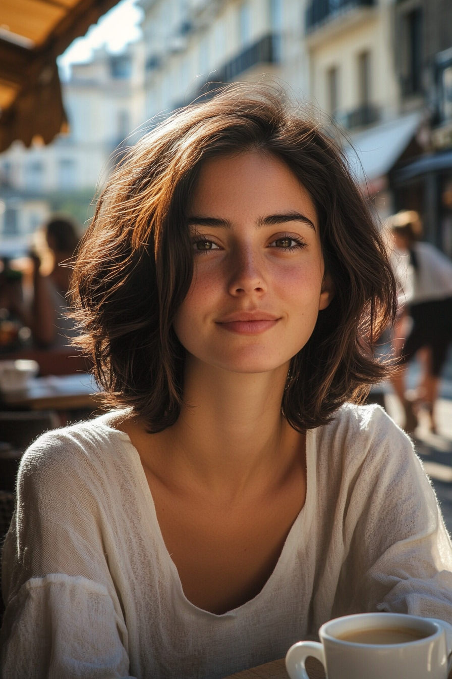 28 years old woman with a Messy Bob, make a photosession at a sunlit outdoor café with people passing by and the smell of fresh coffee in the air.