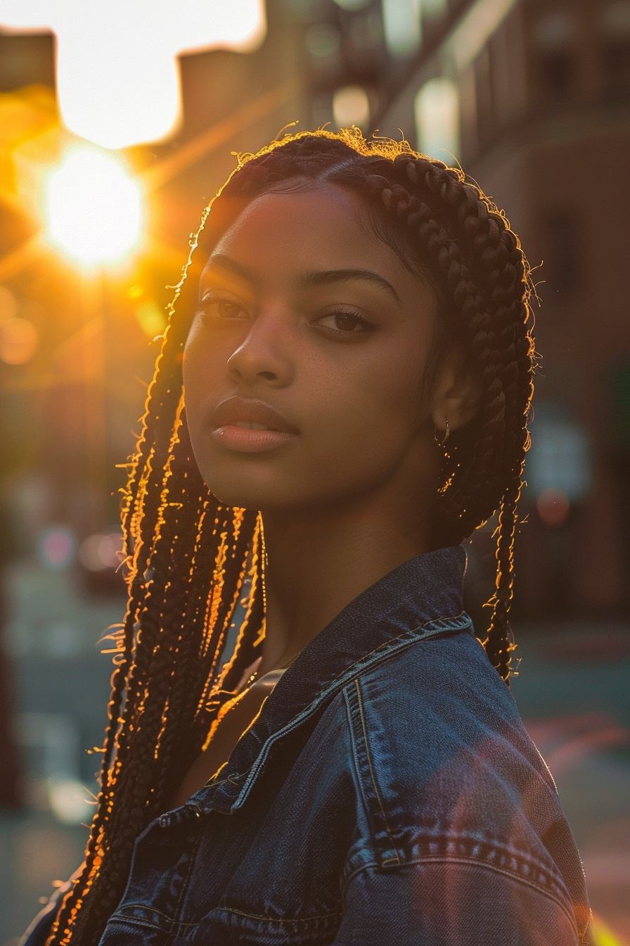 35 years old black woman, with Pop Smoke Braids, make a photosession in a street.