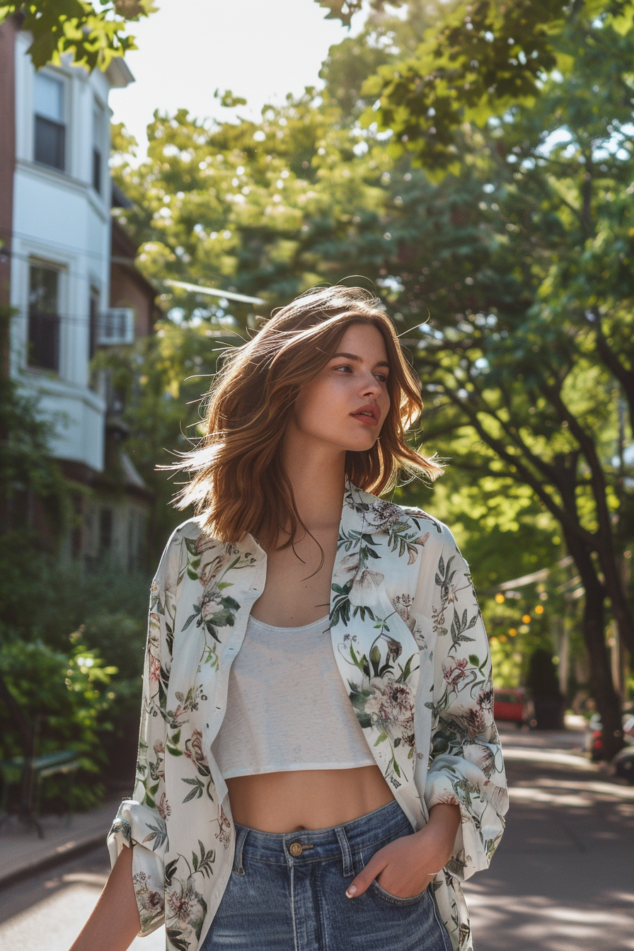 27 years old woman with a Lob with Balayage, make a photosession in a street.